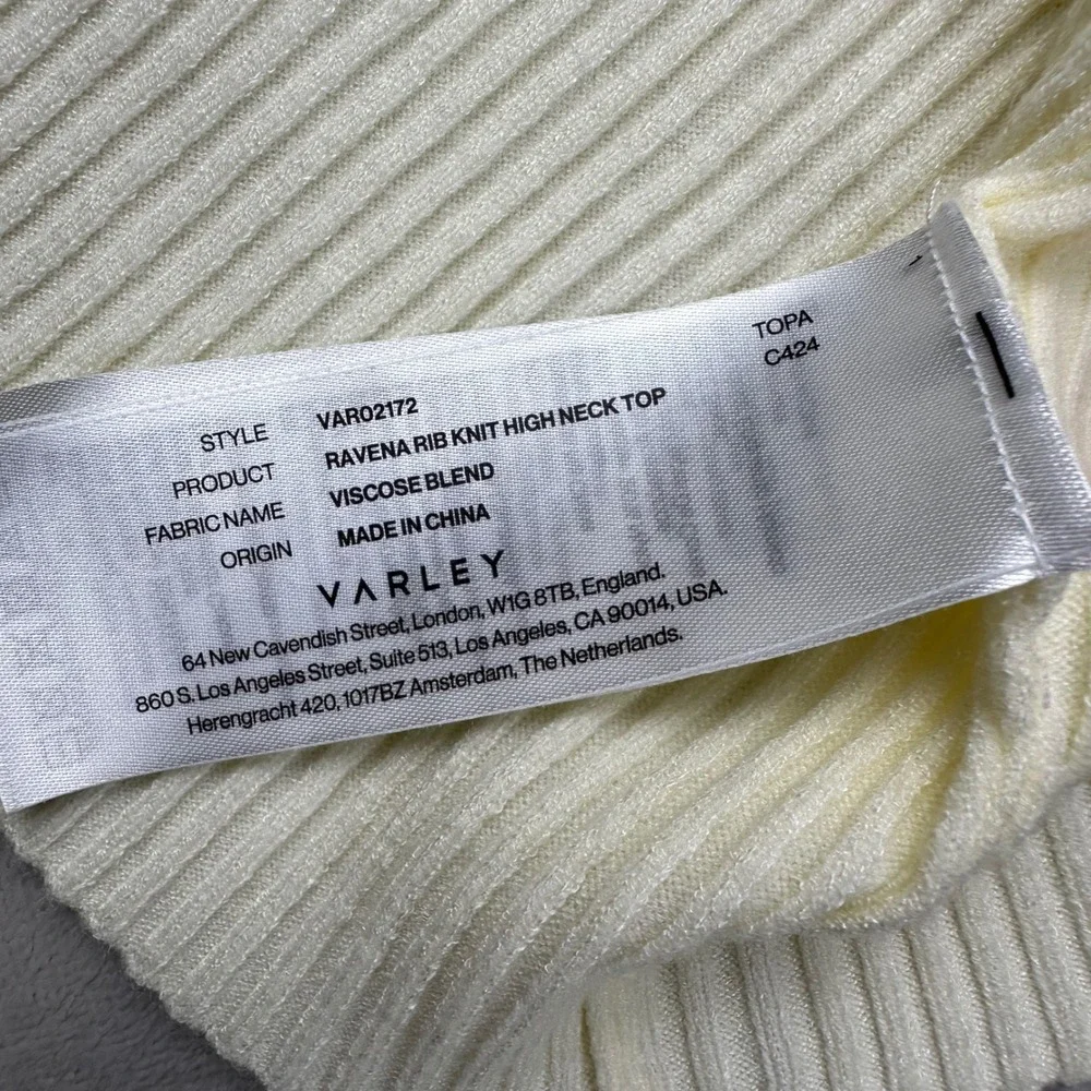 Varley Womens Ravena Rib Knit Turtleneck Top Sweater Cream Taupe Trim L Orig 128